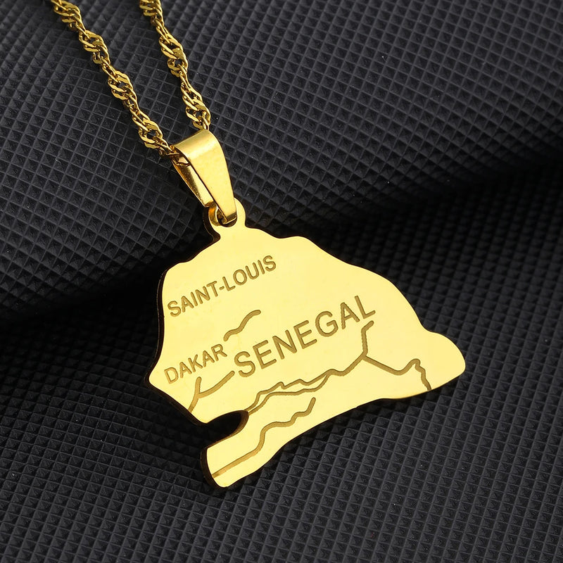 African Sénégal Map Flag Pendant Necklace Stainless Steel Men Women Senegal Maps Jewelry Gift