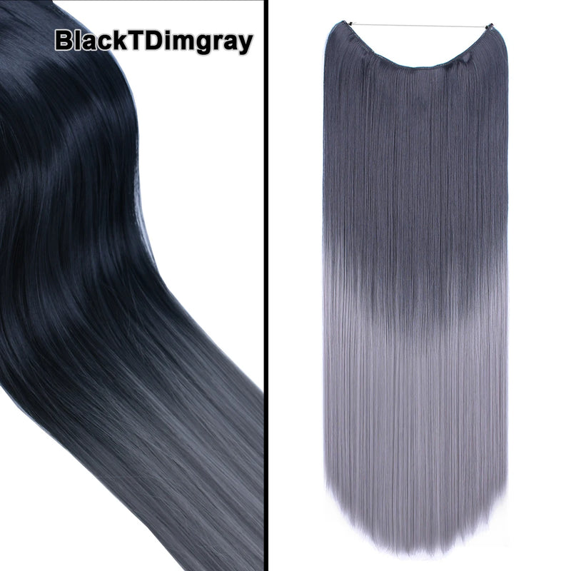 Jeedou One Piece Synthetic Hair Extension No Clips Whit Invisible Line Straight&Wavy Hair Hairpieces Brown Blue Ombre Color