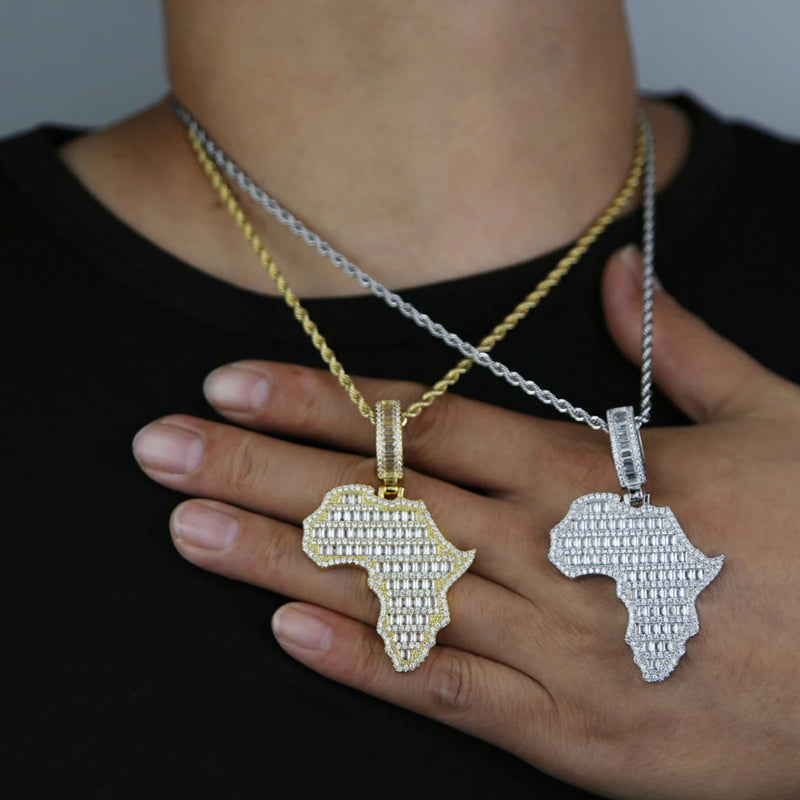 New Iced Out Bling Map Of Africa Pendant Necklace Gold Color Full CZ Zircon Charm Men Fashion Hiphop Jewelry