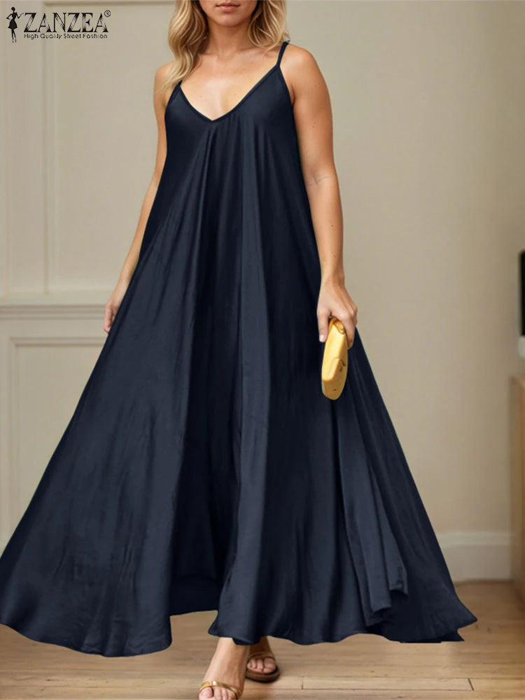ZANZEA Sleeveless 2025 Summer A-Line Robes Femme Casual Vacation Woman Spaghetti Straps Sundress Day Wear V-Neck Maxi Dresses
