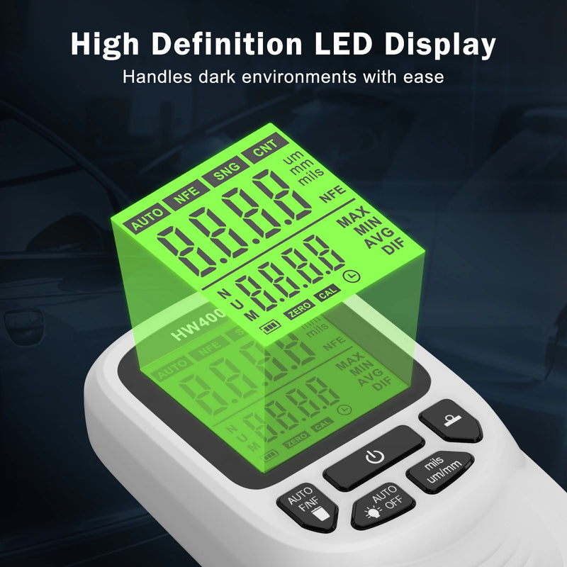 Medidor de espessura de revestimento hw400s, 0-2000um, testador de filme de pintura de carro, portátil, medidor de espessura de revestimento, ferramenta manual de pintura para fe/nfe