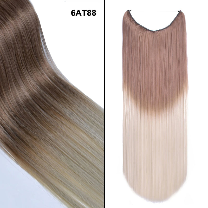 Jeedou One Piece Synthetic Hair Extension No Clips Whit Invisible Line Straight&Wavy Hair Hairpieces Brown Blue Ombre Color