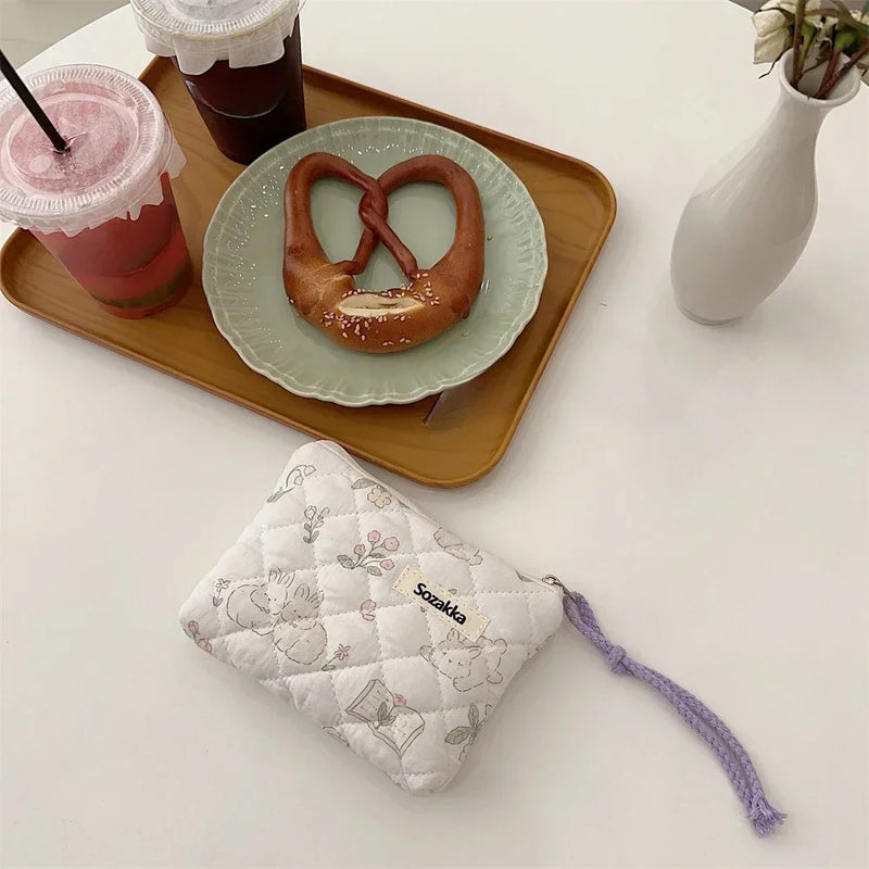 Cartoon Flower Square Cosmetic Bag Women Portable Earphones Lipstick Sanitary Napkins Storage Pouch Small Makeup Zipper Bags