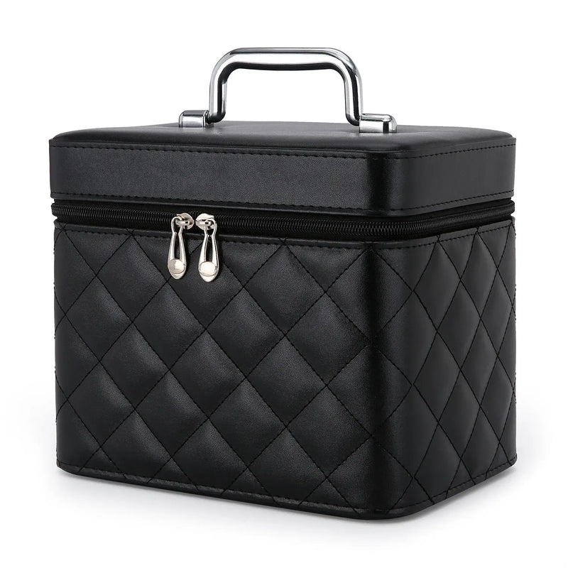 Large Capacity Quilted Makeup Bag Travel Cosmetic Organizer PU Portable Toiletry Storage Handheld Bag