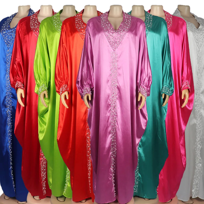 Elegante Rayon Tecido Vestido com Strass e Beads, Vestuário Africano, Nova chegada, Plus Size