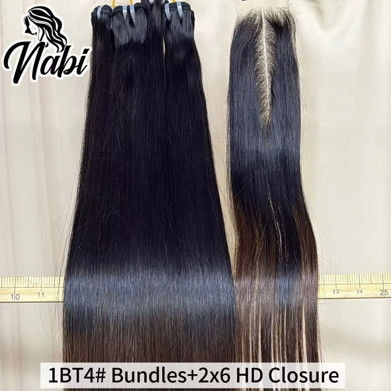 Nabi Natural Vietnamese Human Hair Bundles With 2X6 HD Lace Closure Middle Part 16A  Bone Straight for Weaving Wigs