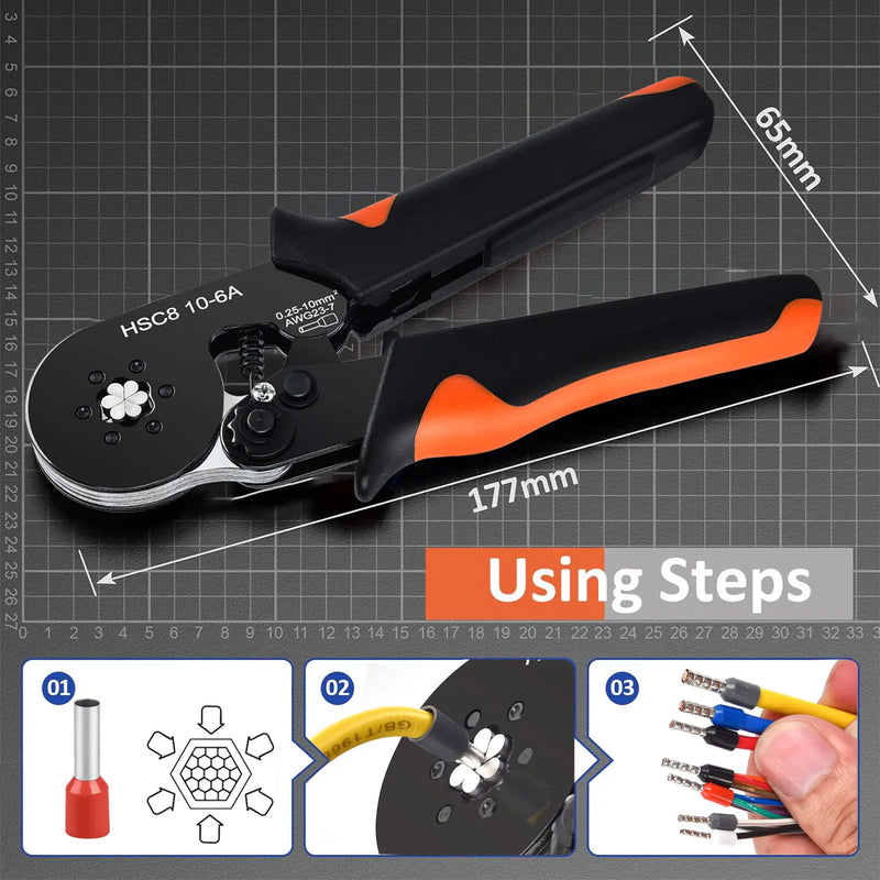 Hexagonal Auto-Ajustável Ratchet Virola Crimping Tool Kit, Crimper Kit com Mangas Virola, Terminais de Fio, 23-7AWG, 0.25-10 mm2