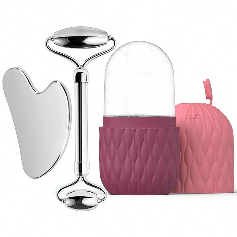 Rolo facial de gelo e conjunto de ferramentas gua sha de aço inoxidável, massageador facial rolo de gelo ferramenta de cuidados com a pele conjunto de beleza ferramenta de contorno de levantamento