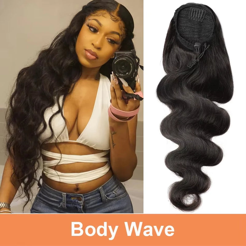 100% cabelo humano cordão rabo de cavalo extensão onda de água clipe de rabo de cavalo em extensões de rabo de cavalo