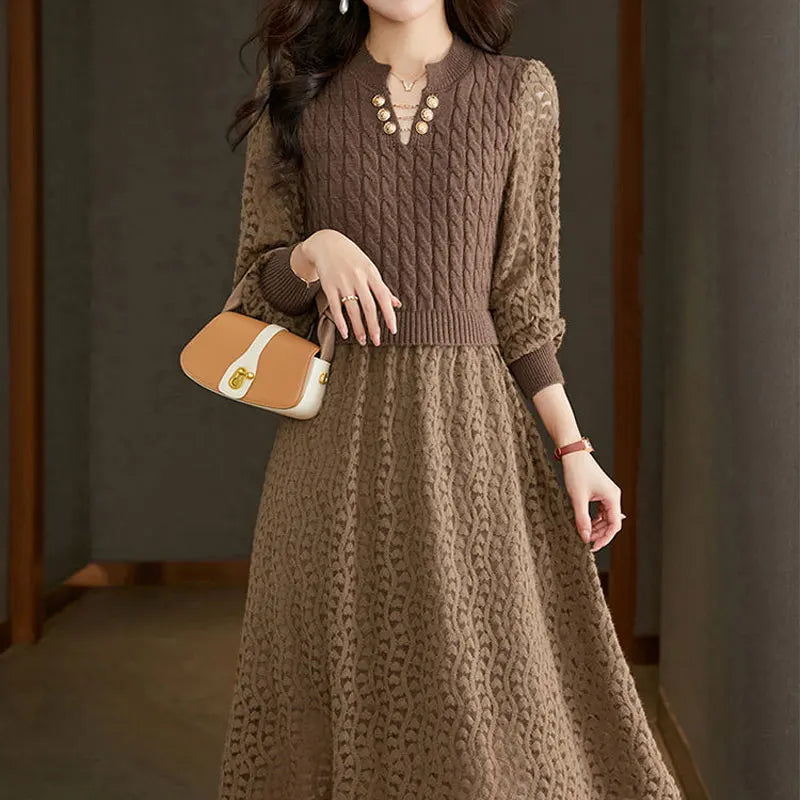 Fake Two Pieces Knitted Patchwork Midi Dress Female Clothing A-Line Waist Spring Autumn Commute Stylish Lace Hollow Out Dresses