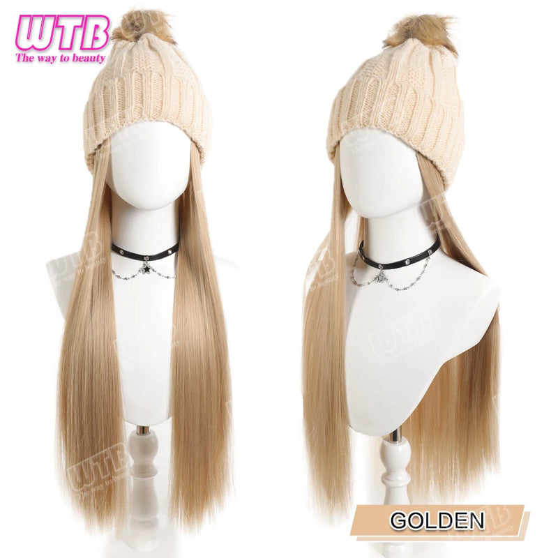 WTB Wavy Curly Hair Hat Wig Long Hair Black/Golden Beret Autumn Winter Hat Chemical Fiber Wig Hair Extensions Hair Accessories