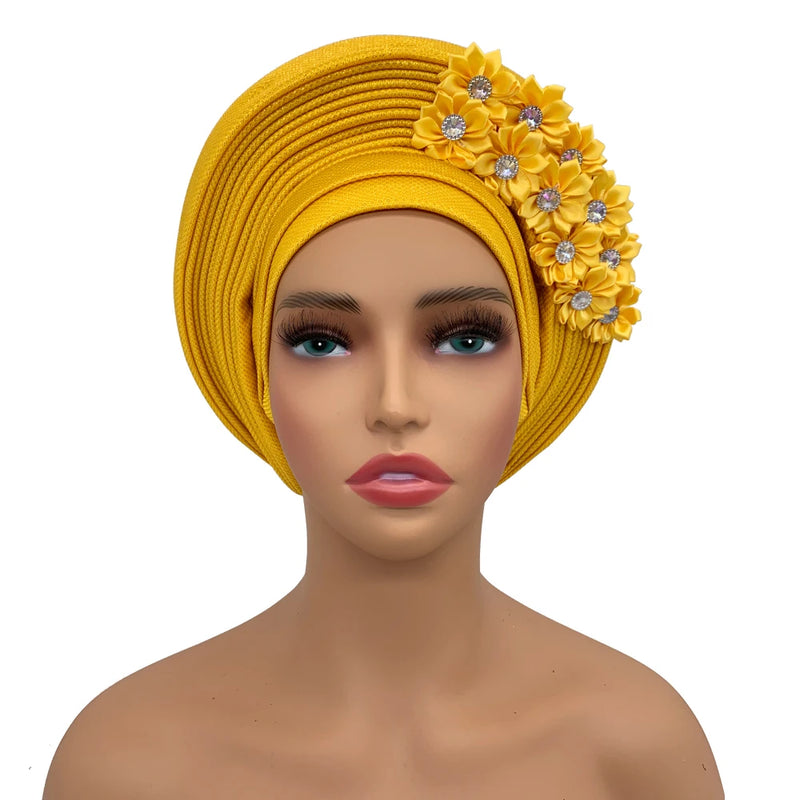New African Headtie Turban Nigeria Head Ties with Flowers Already Made Auto Gele Women Head Wraps for Wedding Party