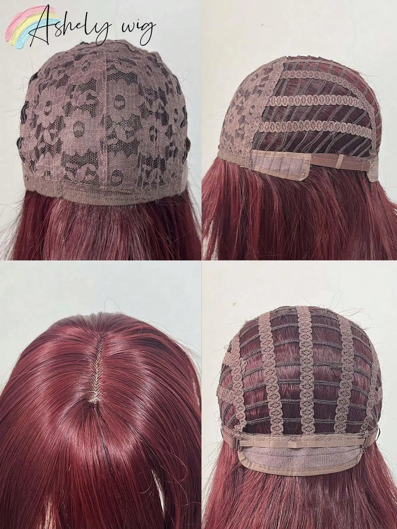 Ashely Cosplay Burgundy Long Straight Wig with Bangs 24 Inch Red Synthetic Wigs for Women Fashion Daily Party Wigs Lolita Wig