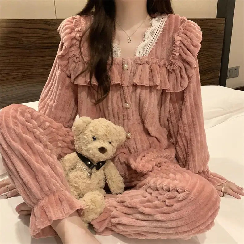 Winter Coral Fleece Womens Thermal Pajamas Set Lovely Lace-trimmed Thickened Homewear Warm Suit V-neck Fluffy Nightwear 2Pcs