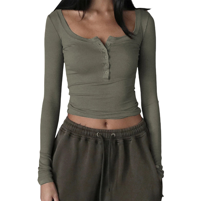 Women Knitted Henley Shirt Casual Solid Color Retro 1/2 Button Long Sleeve Crop Tops Streetwear Clubwear