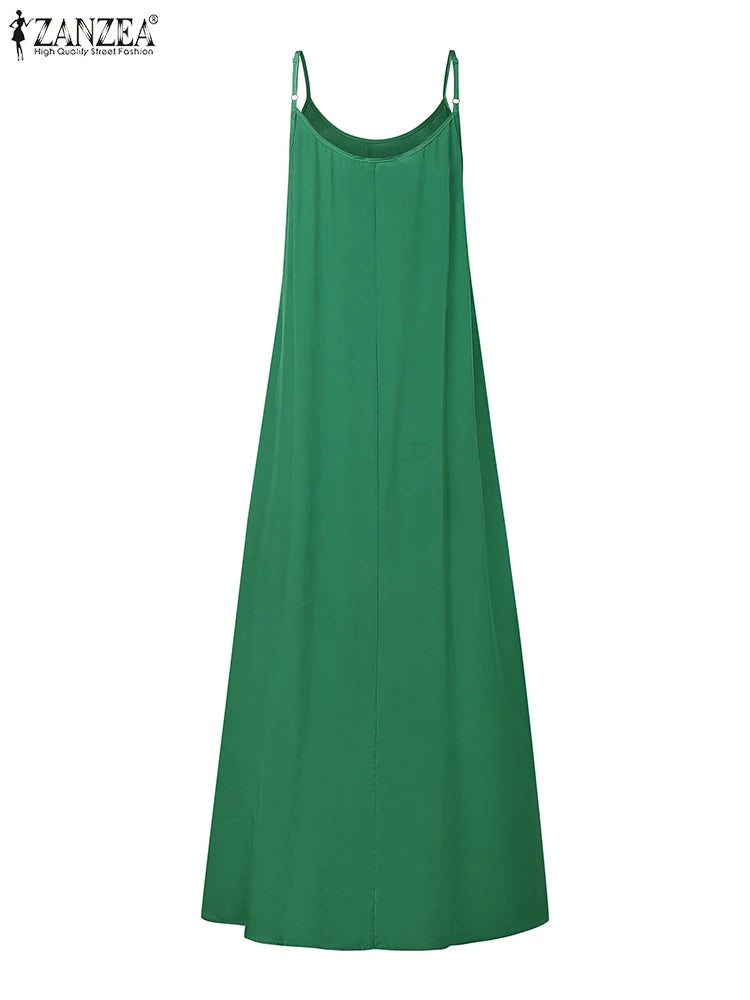 ZANZEA Sleeveless 2025 Summer A-Line Robes Femme Casual Vacation Woman Spaghetti Straps Sundress Day Wear V-Neck Maxi Dresses