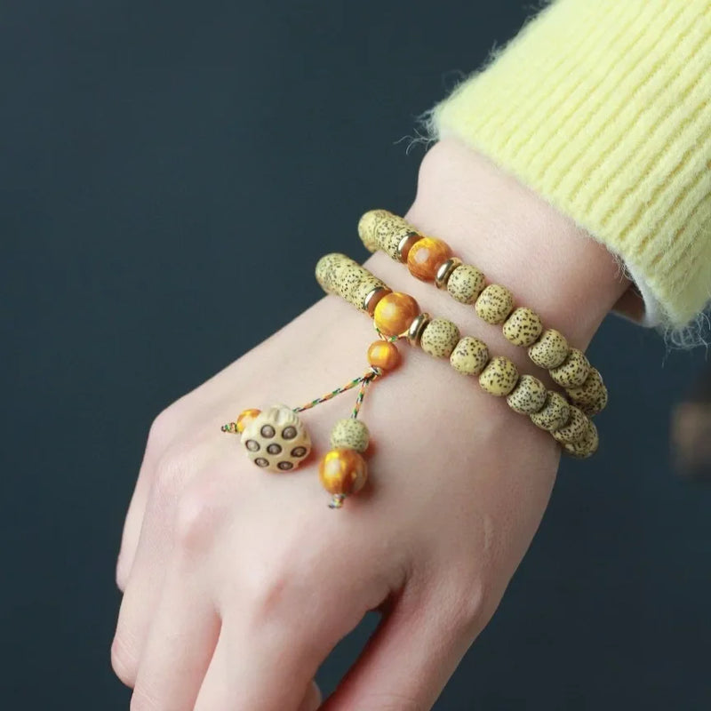 Original DIY Design Handmade Milled Lotus Seed Buddhist Beads Bracelet Woven Hand Chain Prayer Beads Jewelry Accessories