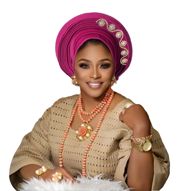 New African Headtie Turban Nigeria Head Ties with Flowers Already Made Auto Gele Women Head Wraps for Wedding Party