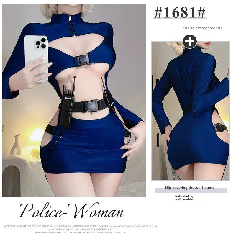 Trajes exóticos lingerie sexy boate feminino uniforme da polícia duplo zíper livre aberto virilha cospaly outfit sexy saia vestido