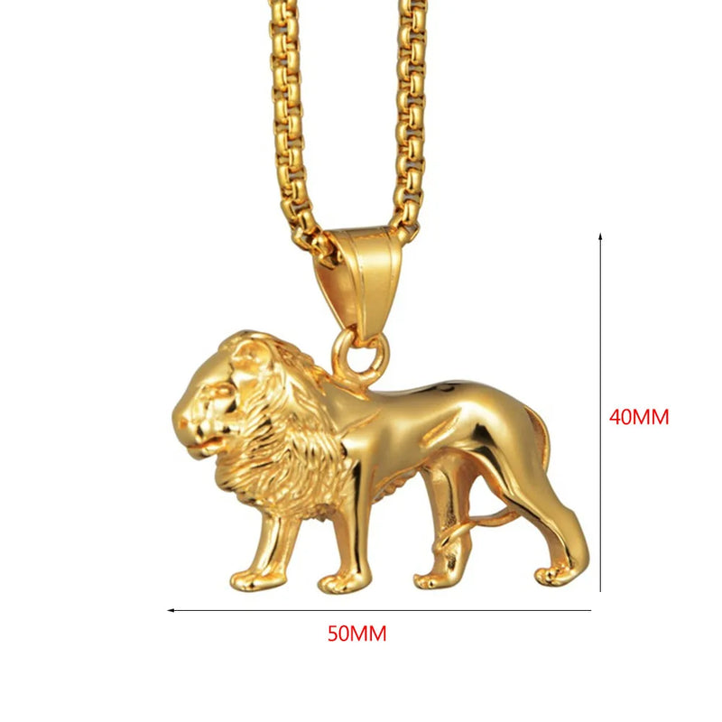 Punk South African Animal King Lion Pendant Gold Color Stainless Steel Chain Necklace for Women Men Africa Jewelry Male Gift