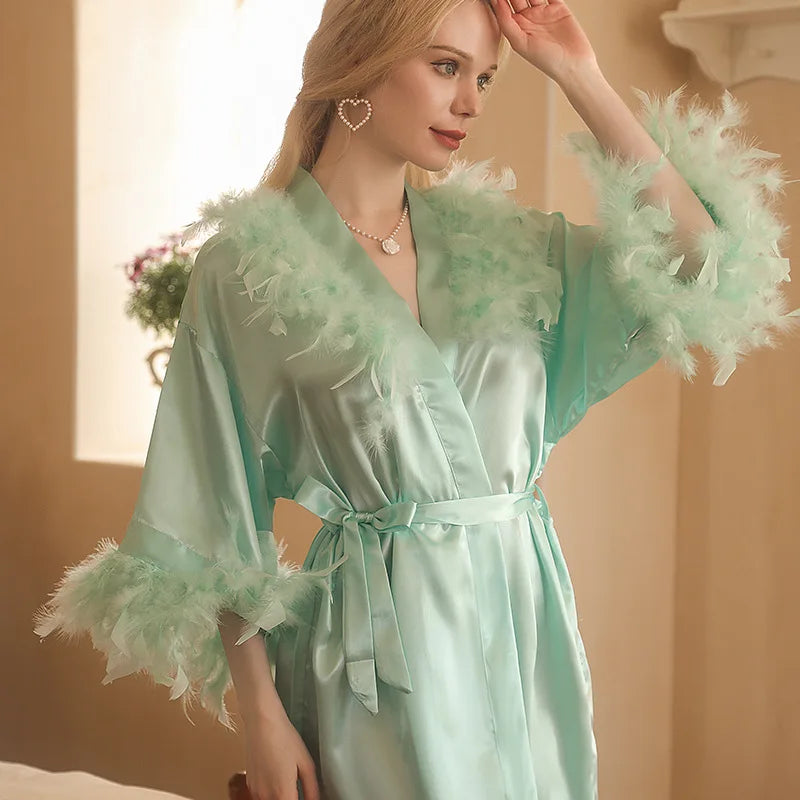 Satin Wedding Bride Gown with Belt Robe Women Feather Bathrobe Nightwear Short Kimono Sleepwear Luxury Nightgown Loungewear