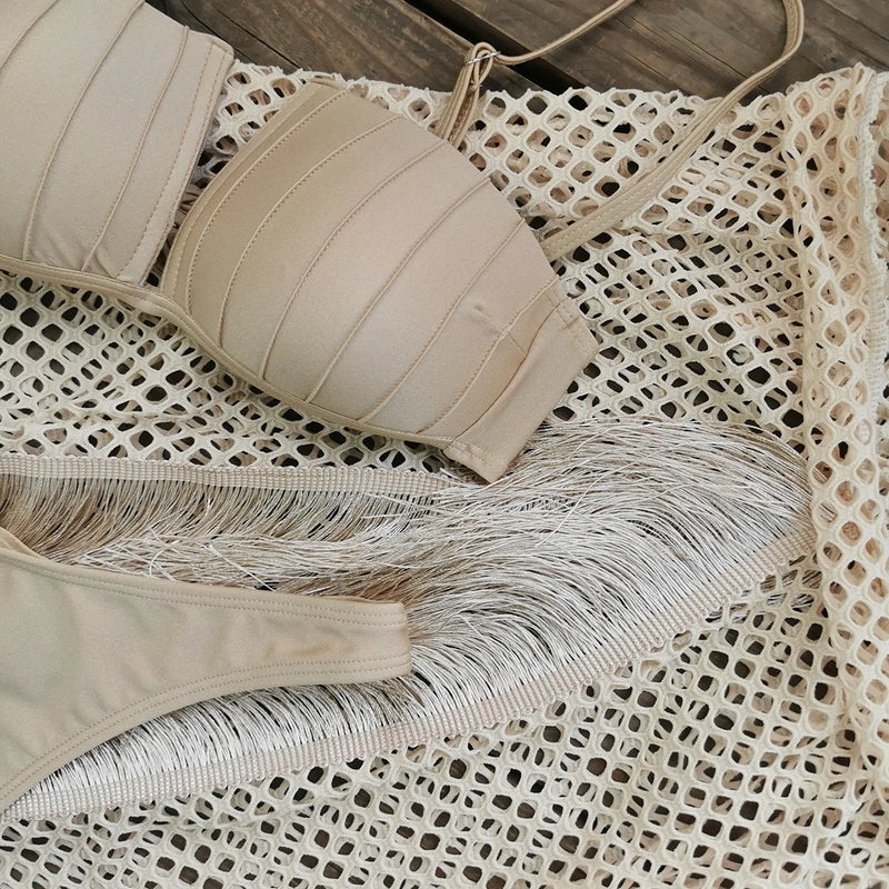 2025 Sexy Gold Bikini Top with Fringe Mesh Skirt - Adjustable Straps and Stylish Look, Perfect for Beach Wear and Pool Parties
