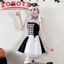 Adulto feminino impertinente palhaço traje jester coringa sexy outfit arlequim halloween sinister circo galinha festa fantasia vestido