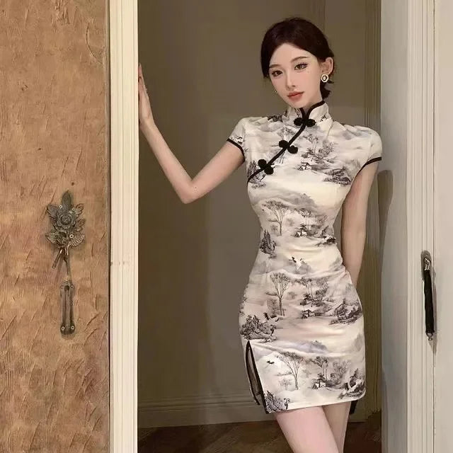 New Chinese Style Slimming Waist Modified Retro National Wind Girl Daily Cheongsam Summer Waist Inward Split Slimming Dress