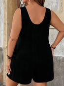 Macacão chique plus size sólido colete – macacão com gola redonda e bolsos, roupa casual elegante de verão para mulheres