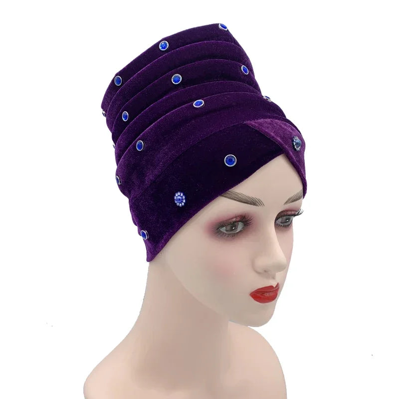 1 pc feminino veludo turbante bonnet diamantes africano aso oke headtie muçulmano cabeça envolve islâmico femme musulman lenço chapéu
