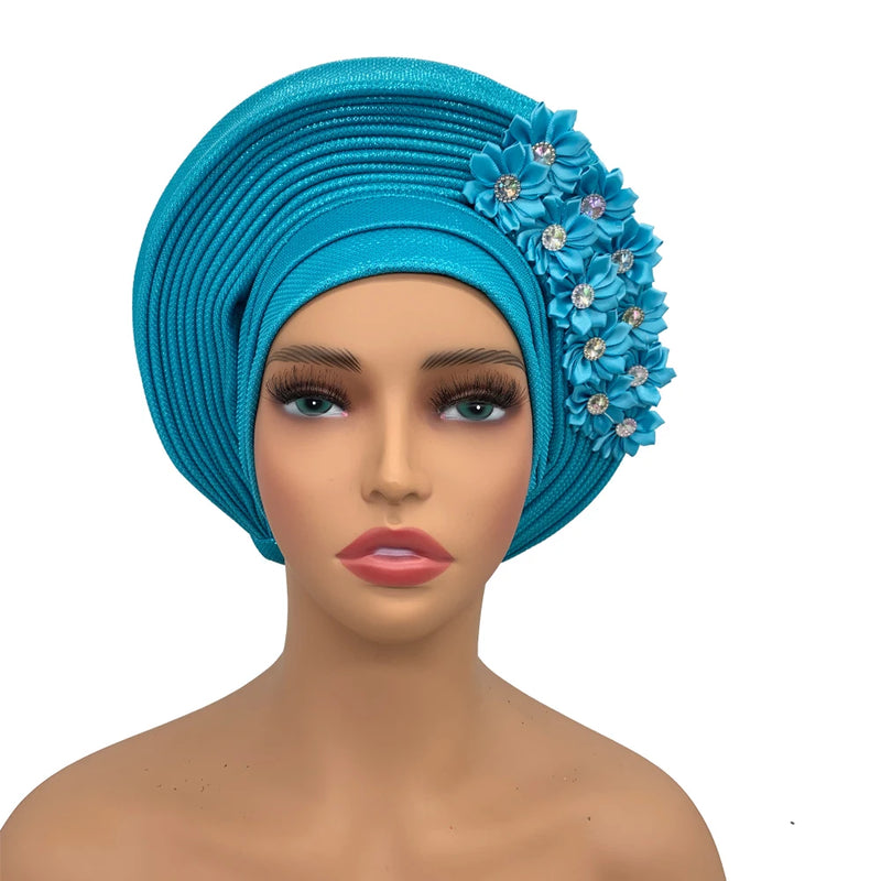 New African Headtie Turban Nigeria Head Ties with Flowers Already Made Auto Gele Women Head Wraps for Wedding Party