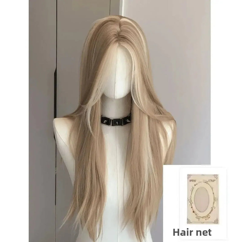 Asian Women's Gradient Highlighted Straight Hair Wig Front Lace American Retro Style Dyeing Chic Golden Brown Middle Part