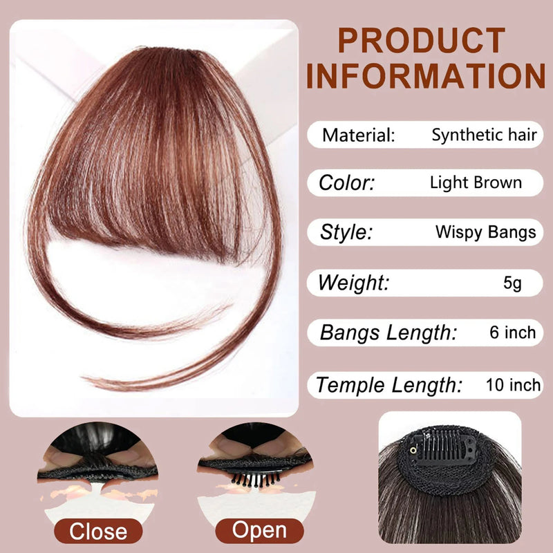 Clip In Bangs Brown Fake Bangs Extensions Wispy Clip on Air Bangs for Women Fringe with Temples Hairpieces Curved Bangs