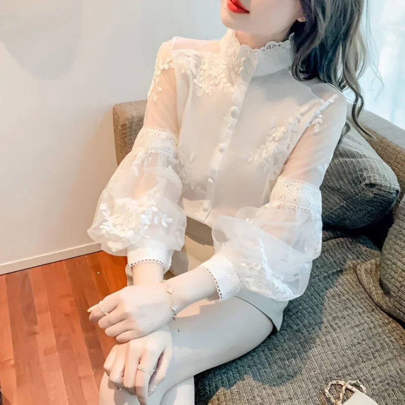 Elegant Embroidered Lace Panel Lantern Sleeve Chiffon Shirt Women's Autumn Hot Sale Of The Season Style Courtly Fashion Stand Co