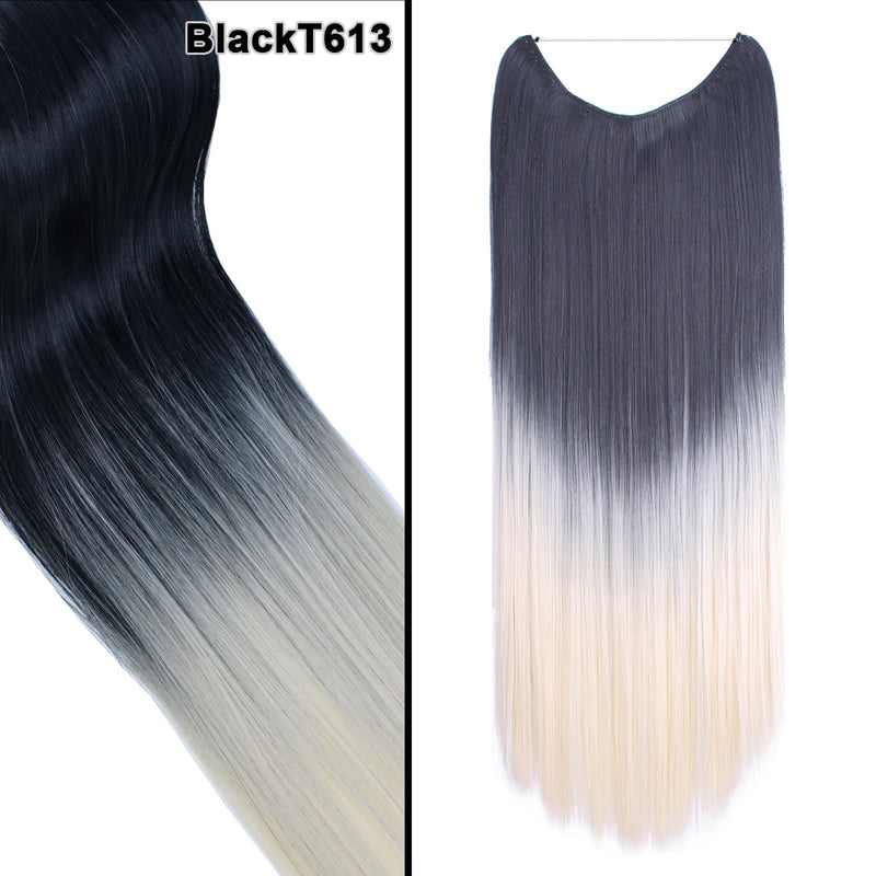 Jeedou One Piece Synthetic Hair Extension No Clips Whit Invisible Line Straight&Wavy Hair Hairpieces Brown Blue Ombre Color