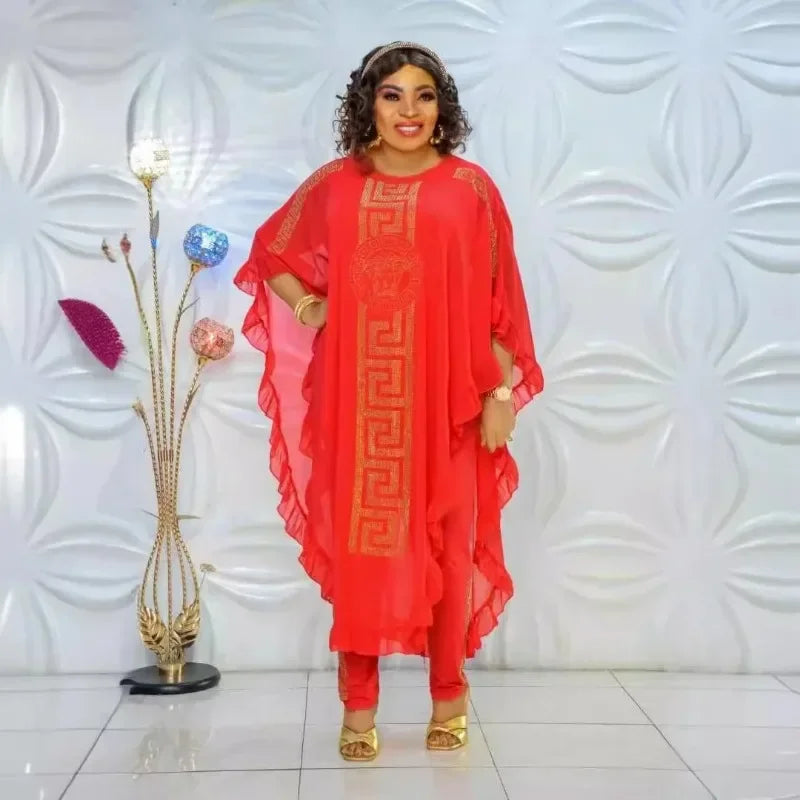 African Plus Size Chiffon Medium-Length Three-Piece Suit Ultra-Fine Fiber Five-Sleeve Fly Sleeve Chiffon Skirt Set