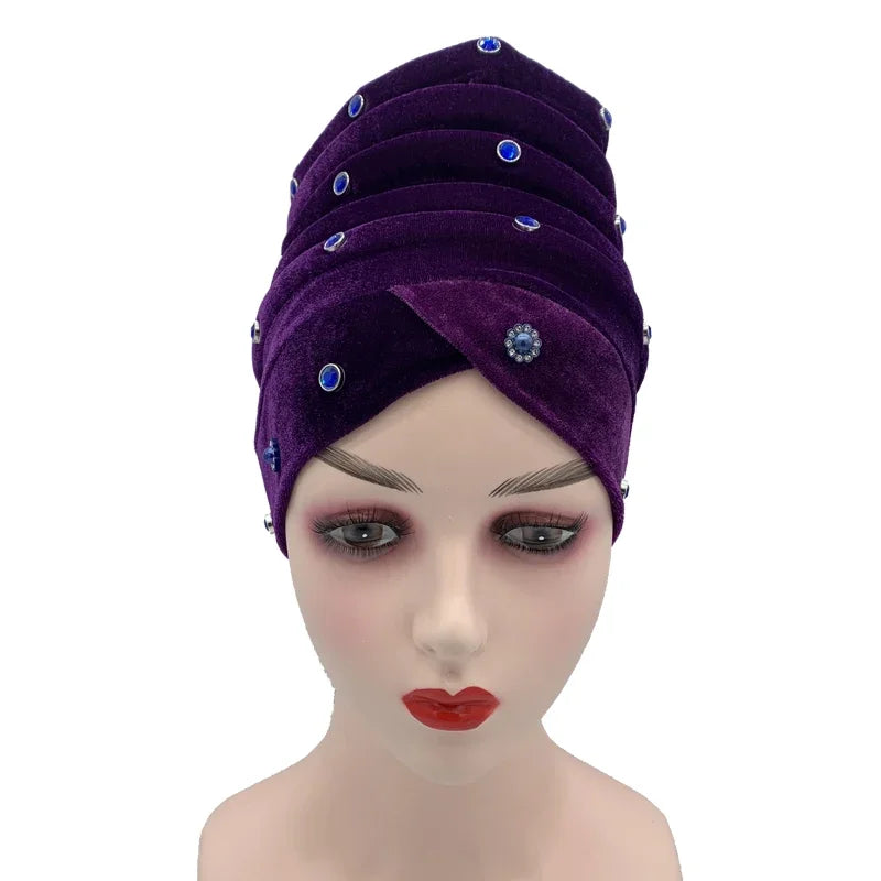 1 pc feminino veludo turbante bonnet diamantes africano aso oke headtie muçulmano cabeça envolve islâmico femme musulman lenço chapéu