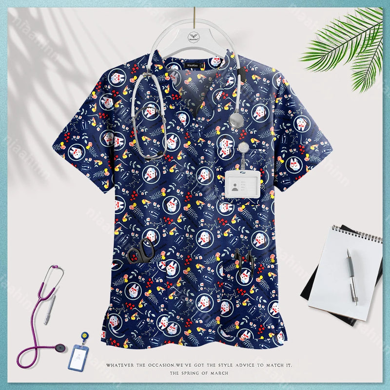 Medical Uniform Tops for Women Medical Print V-Neck Clinical Uniform T-shirts Short Sleeved Pocket Tops Surgical Uniforms Woman