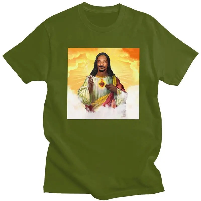Custom Funny Saint Jesus Snoop Dogg Tshirt for Men Short Sleeve Leisure T Shirt Cool T-shirts Slim Fit 100% Cotton Tee Gift