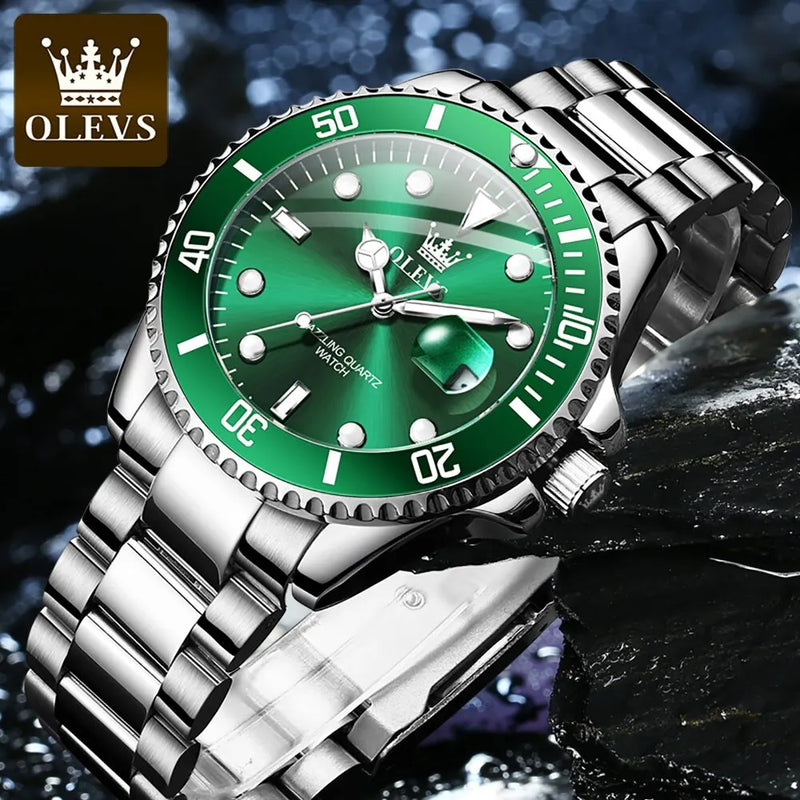OLEVS-Relógio quartzo de aço inoxidável impermeável masculino, relógio de pulso verde luminoso, Top original, luxo