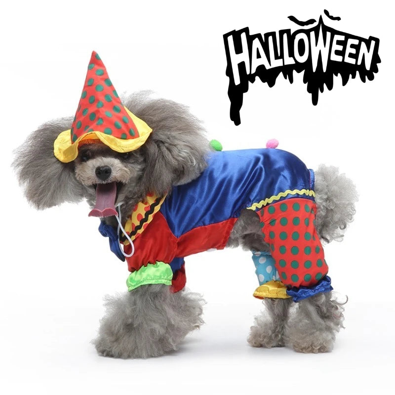 Pet Dog Clown Costume with Hat Halloween Cosplay Party Cat Clown Costume Funny Pet Circus Outfit Christmas Durable Dog Apparel