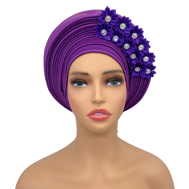 New African Headtie Turban Nigeria Head Ties with Flowers Already Made Auto Gele Women Head Wraps for Wedding Party