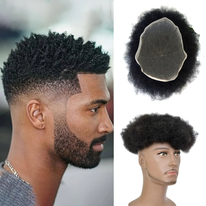 10x8 Inch Full French Lace Afro Curly Topee for Men Human Hair Prosthesis 6mm Wave Black African Men's Wig Replacement System