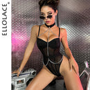 Ellolace body erótico com corrente halter fitness sexy pornô ver através de pelúcia perna alta corpo terno renda sissy quente sensual collants