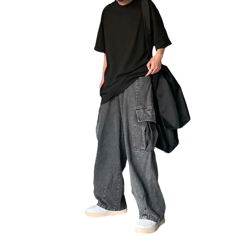 Retro Street Style Men's Jeans Spring Autumn Loose Wide Leg Casual Big Pocket Workwear Denim Washed Dad Pants Male Fashion