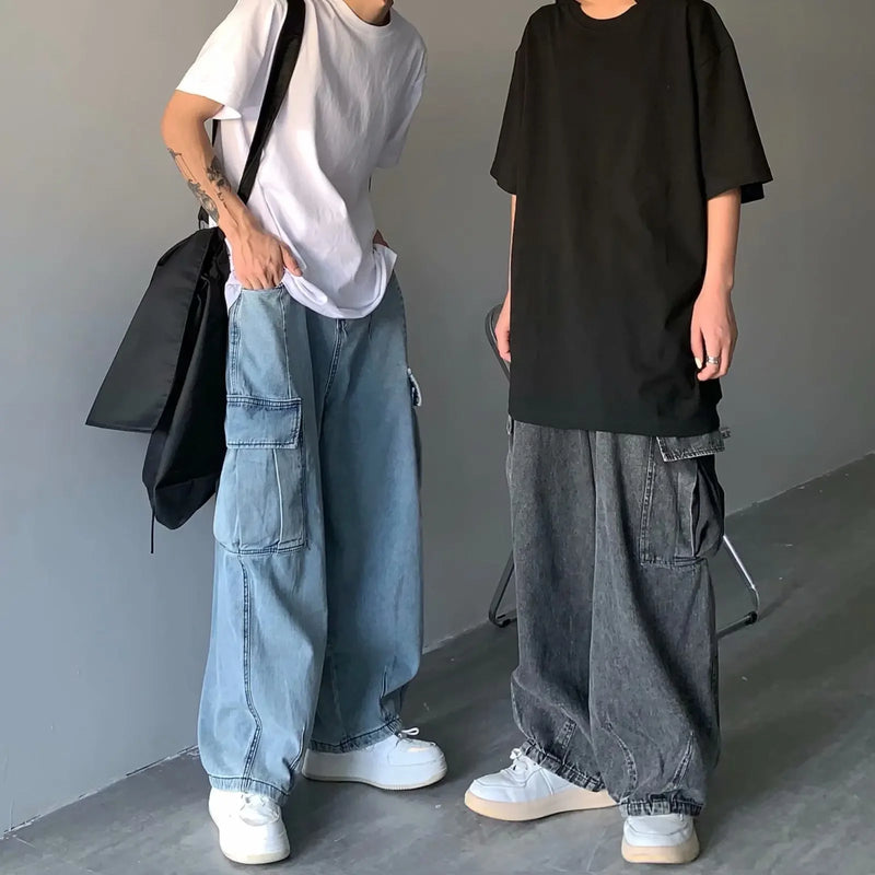 Retro Street Style Men's Jeans Spring Autumn Loose Wide Leg Casual Big Pocket Workwear Denim Washed Dad Pants Male Fashion