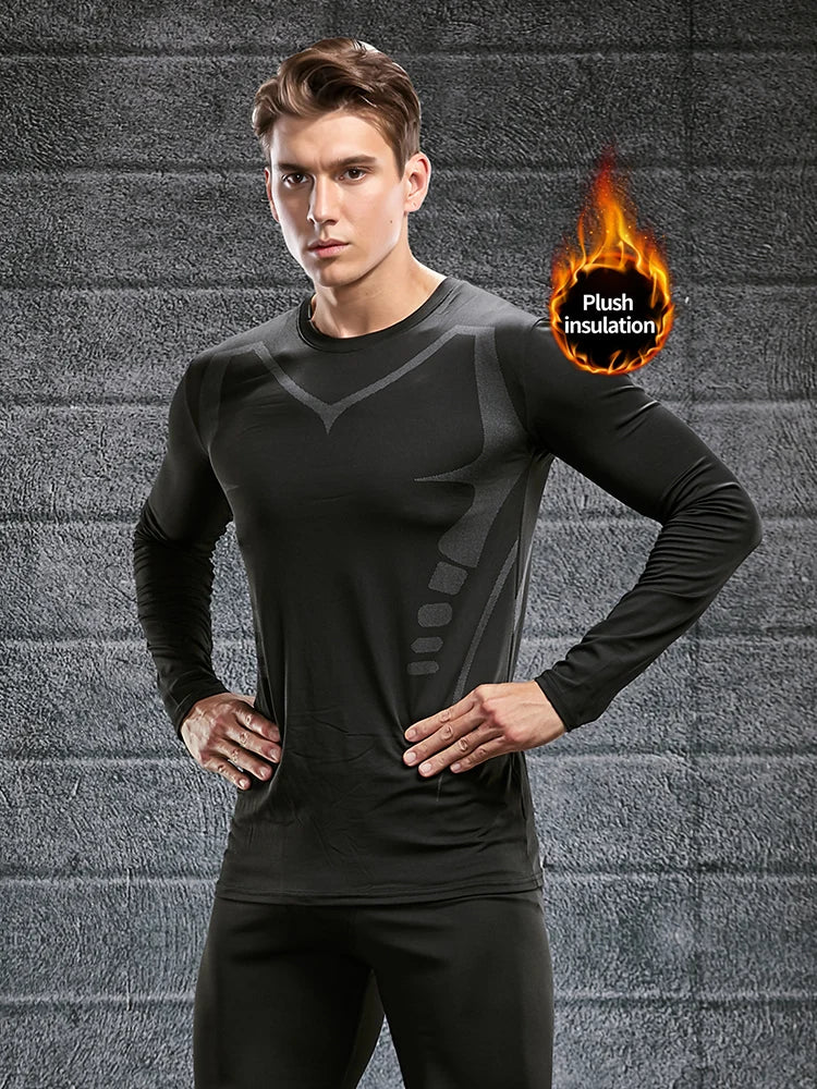 Roupa interior quente para homens, pelúcia e espessamento, à prova de água e sem costura, conjunto esportivo apertado, top outono e inverno