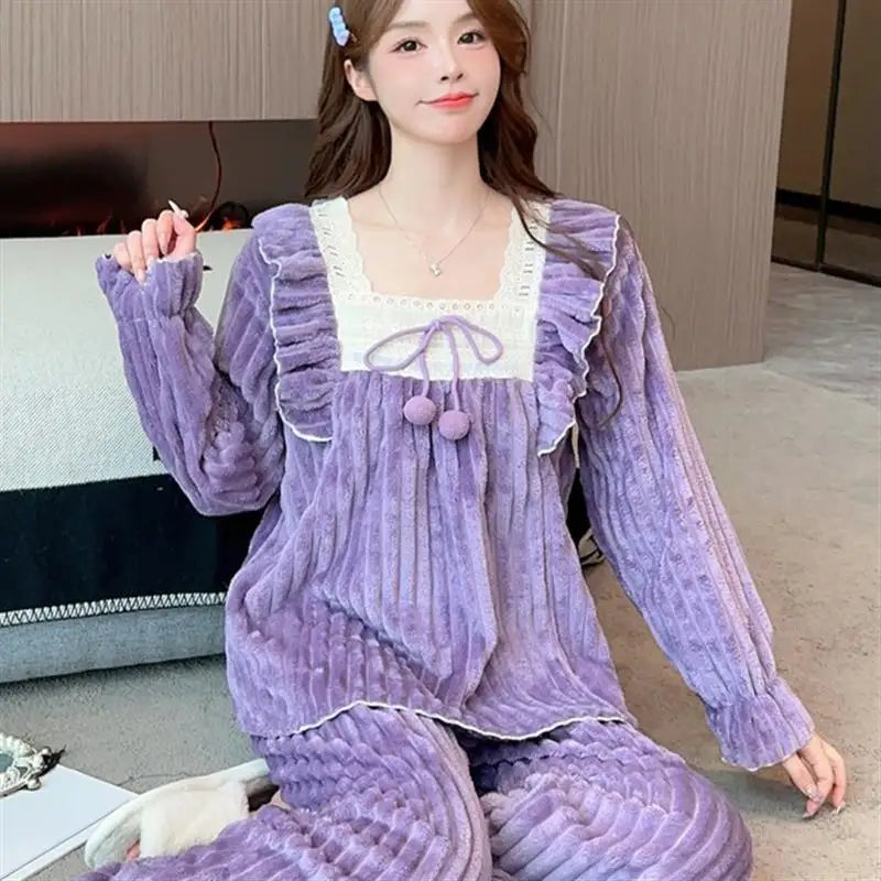 Winter Coral Fleece Womens Thermal Pajamas Set Lovely Lace-trimmed Thickened Homewear Warm Suit V-neck Fluffy Nightwear 2Pcs
