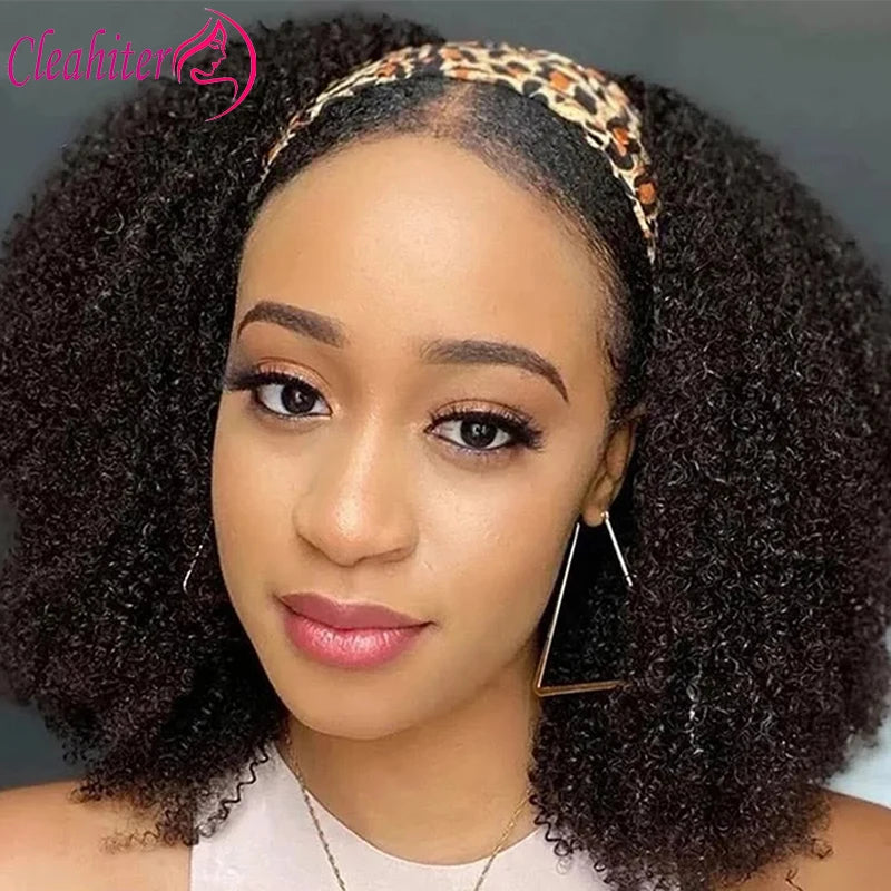 250% Density Afro Kinky Curly Human Hair Wigs For Women Headband Scarf Wig Full Machine Made Raw Indian Hair Natural Color