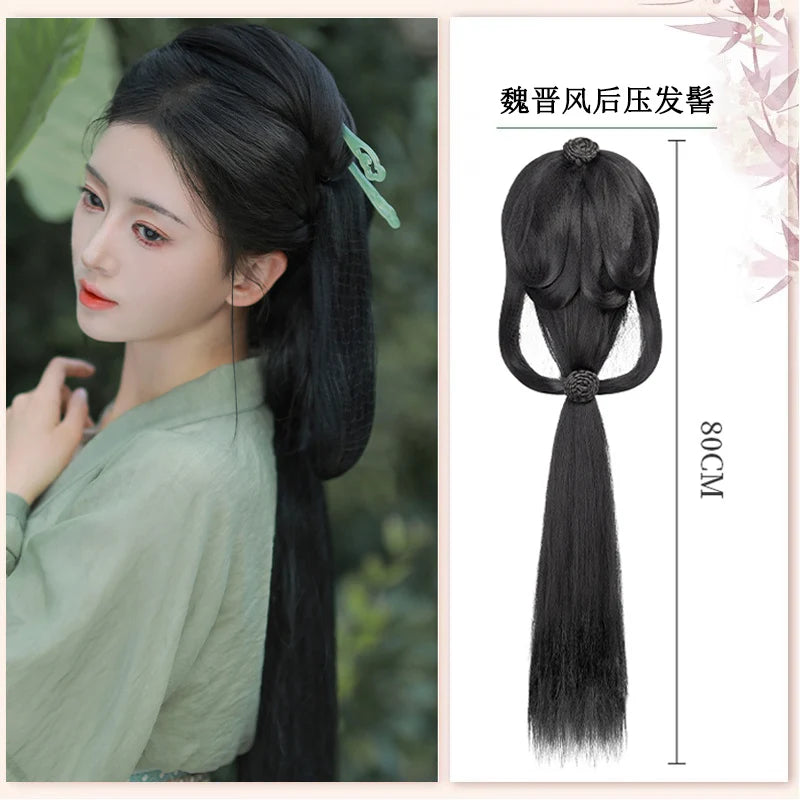 AOSI Synthetic Wei And Jin Style Warring States Robe Hanfu Wig Package Integrated Bun Back Pressed Back Hair Ancient Style